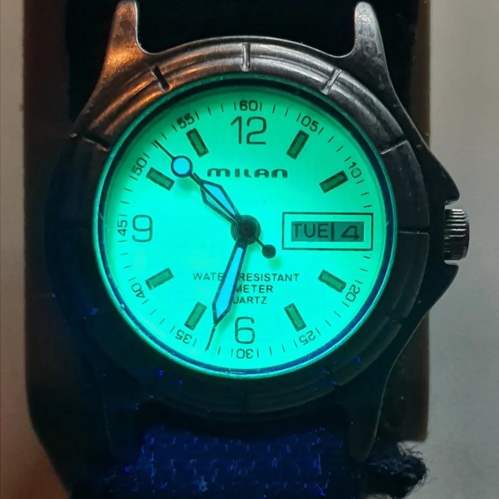 🦋10/$20🦋 Milan Silver Nylon Glow in The Dark Women's Field Watch w/Day-Date